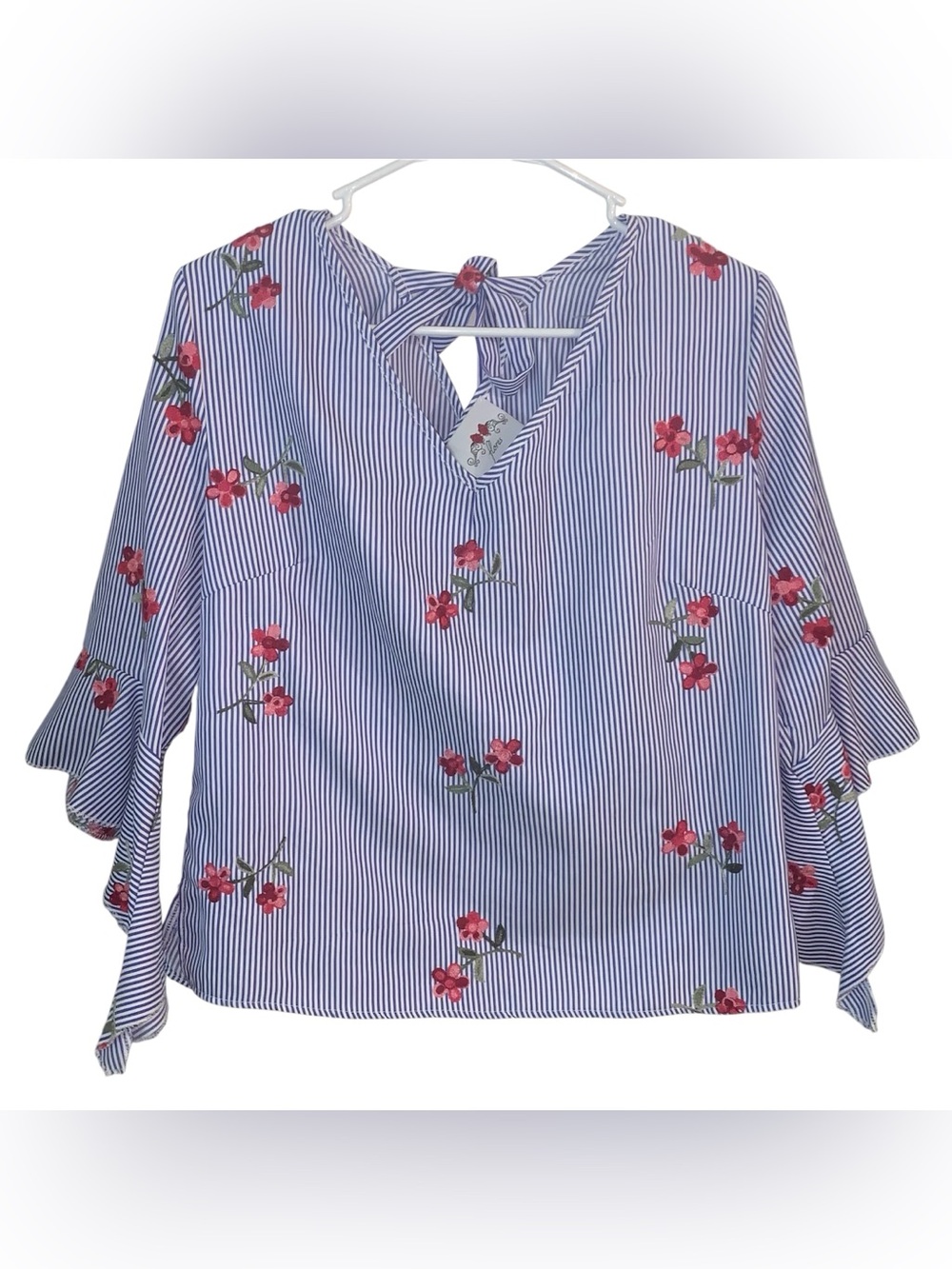 Striped V-Neck Blouse with Pink Floral Embroidery